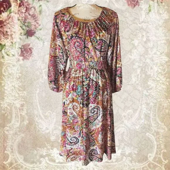 Vintage 1980s Paisley Midi Dress Boho Floral Long Sleeve Back Sash Tie - Picture 2 of 10
